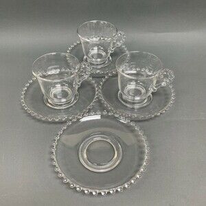 Ohio Imperial Glass Cups and Saucers Clear Beaded Candlewick Lot of 7